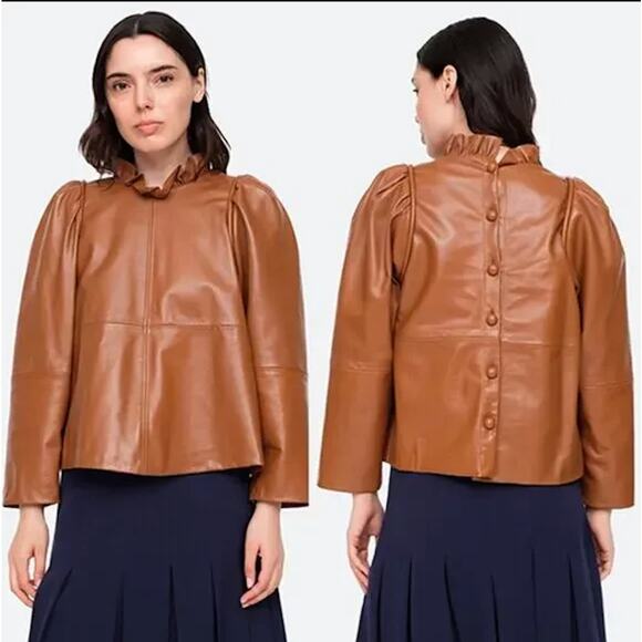 NEW Sea New York Lora Leather Back Buttoned Ruffled Neck Top Caramel Brown - Picture 1 of 7